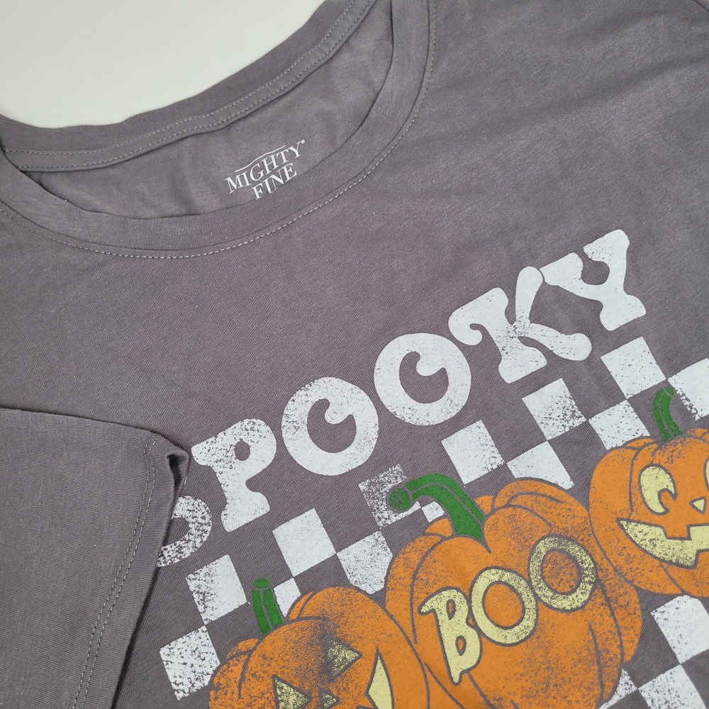 Mighty Fine Graphic Tee Womens 3X Gray Excellent Spooky Season Pumpkin Checkered